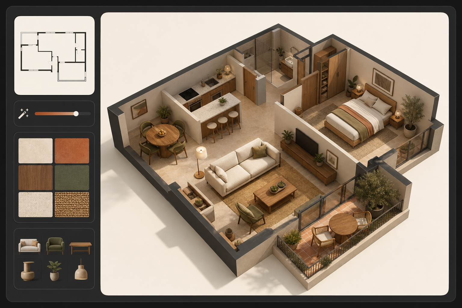 FurnViz interface showing a furnished 3D apartment generated from a floor plan
