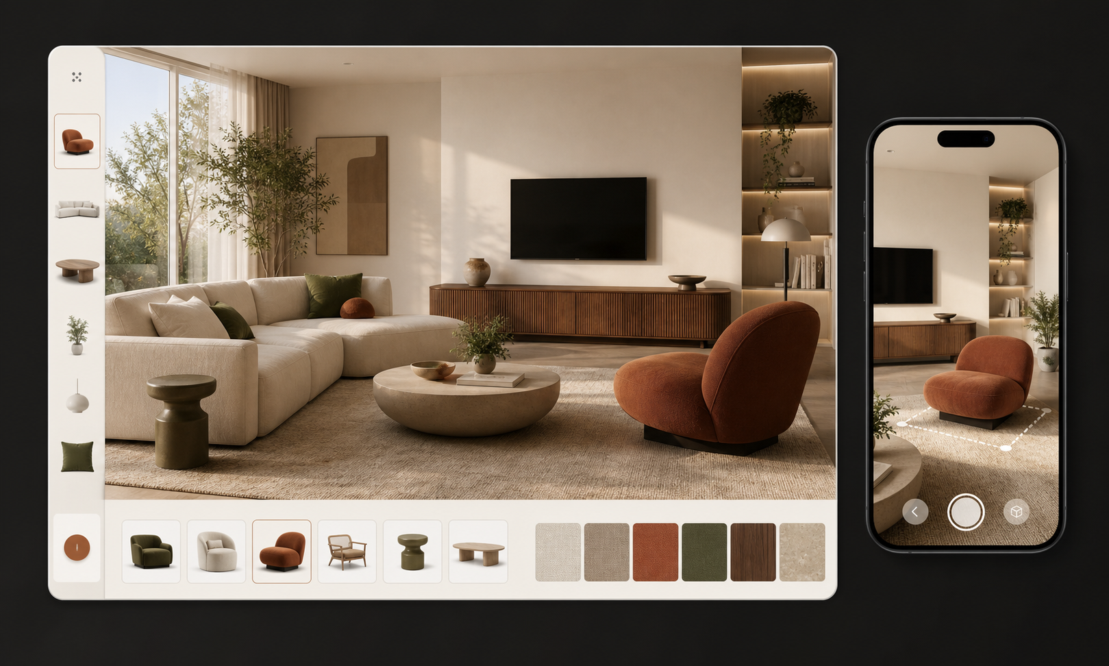 FurnViz product showcase with apartment viewer, catalog controls, AR phone view, and quote cards